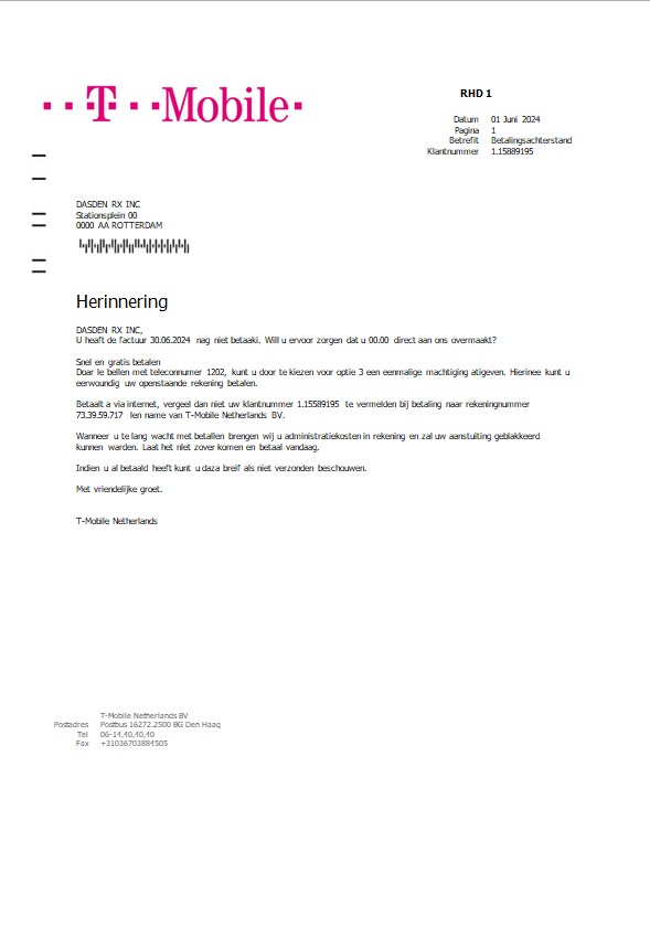 Netherlands T Mobile business utility bill template in Word and PDF formats